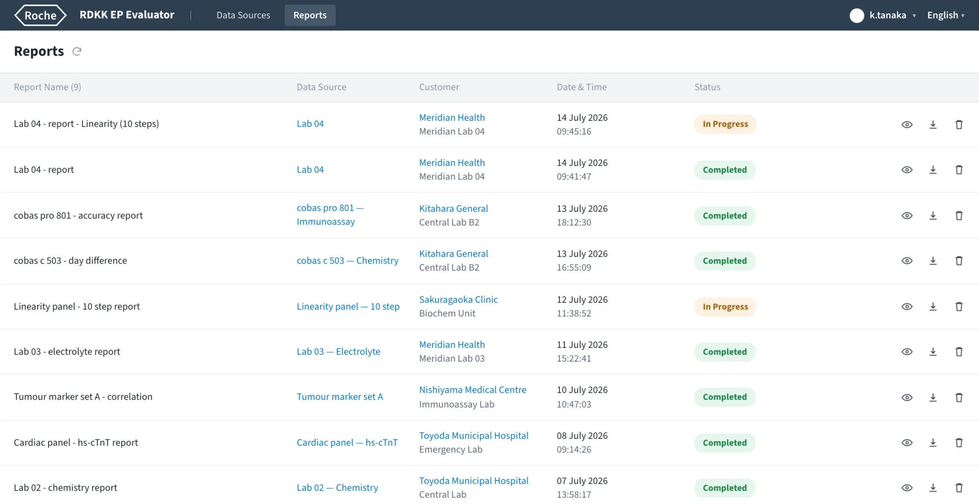 Report listing screen of the Roche RDKK EP Evaluator, one row per generated diagnostic report