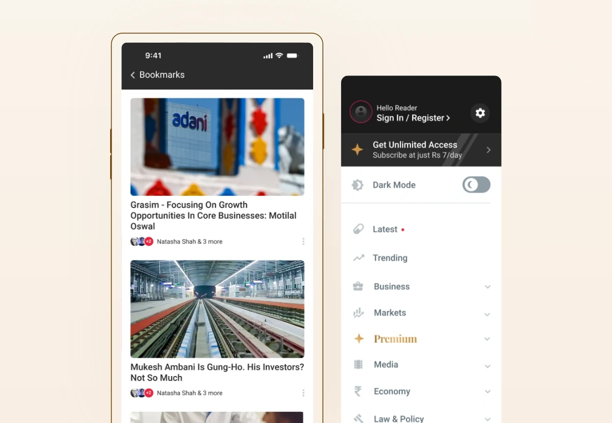 The NDTV Profit app side drawer, with a sign in and register control, an unlimited access prompt, a dark mode toggle and the section navigation