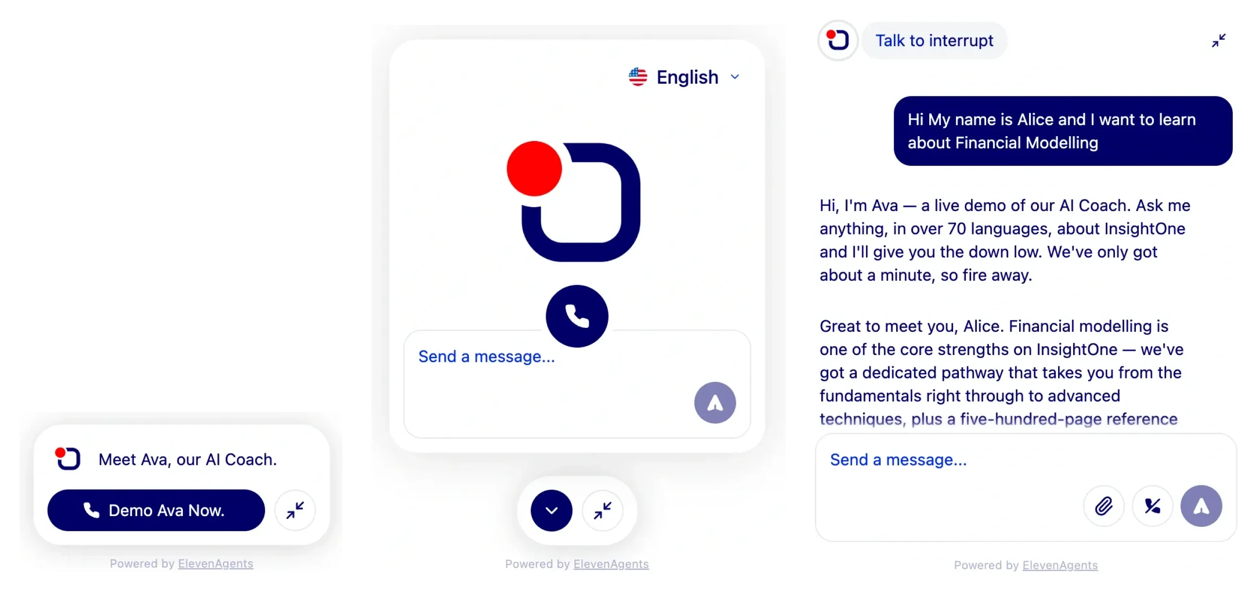 The Ava widget in three states side by side: collapsed to a pill with a button to start a call, open with a language picker, the coach's mark, a call button and a message box, and in a conversation with a member's question above the coach's reply.