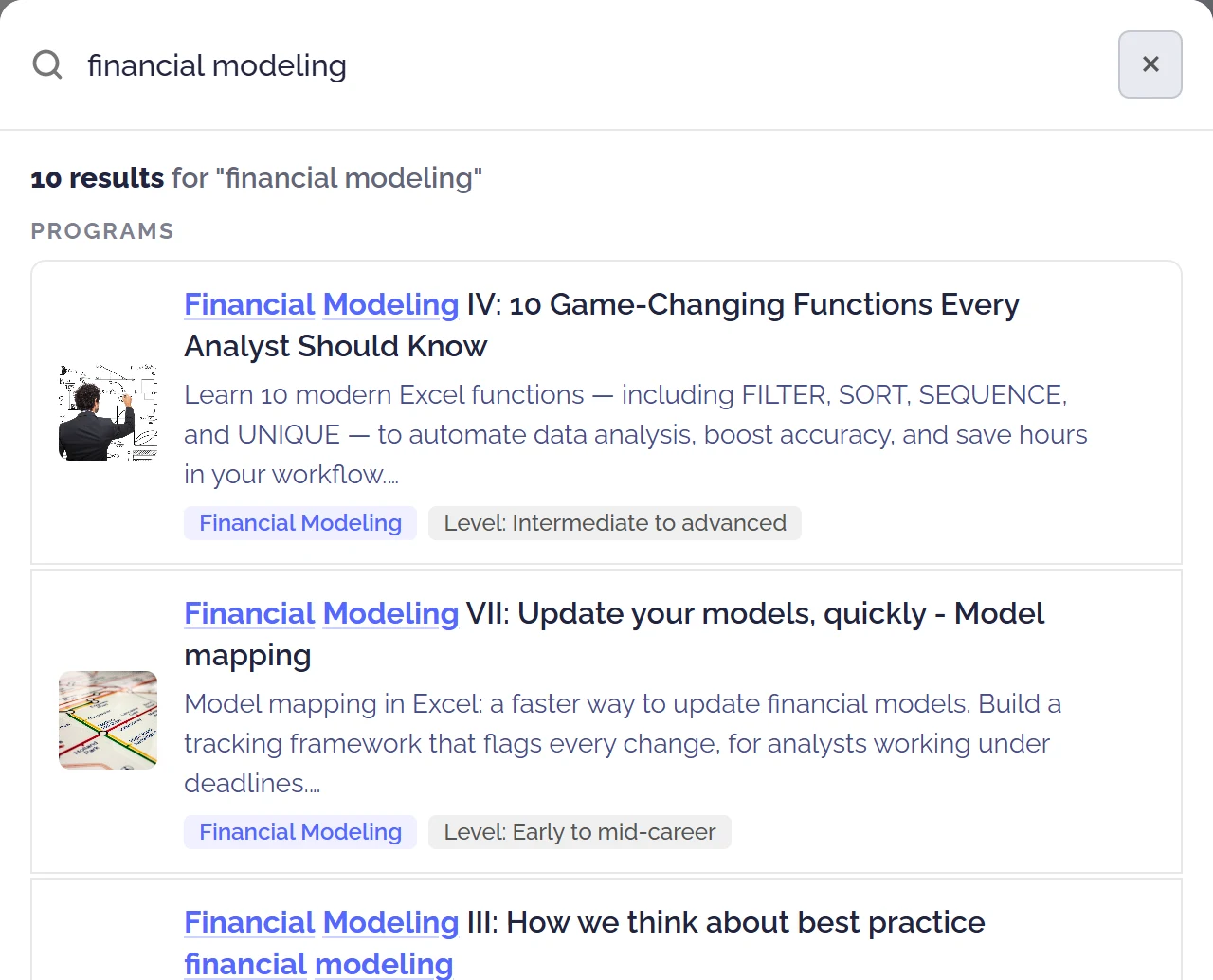 The search window on the client's course site, listing programs that match a financial modelling query.