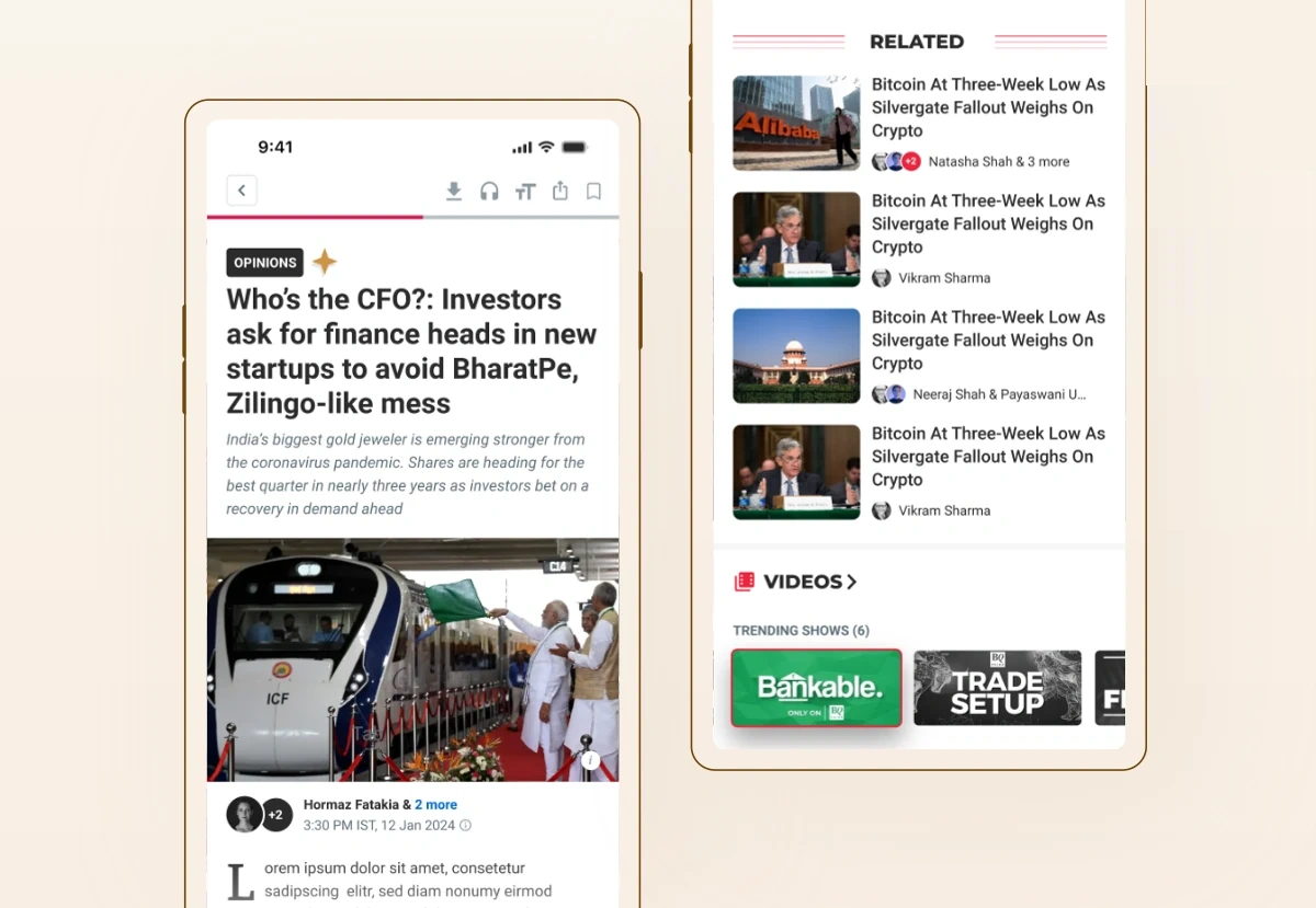 The NDTV Profit app article view, with the story body above a related-stories rail and a videos and trending shows rail