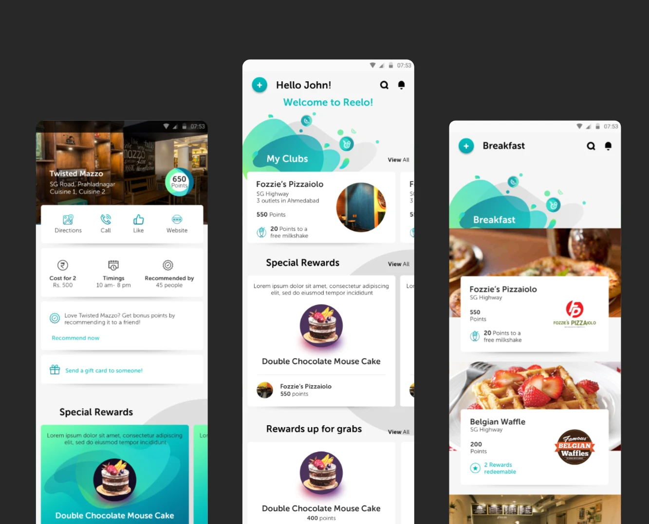 Three customer app screens: a restaurant page with its points and contact actions, the clubs home with special rewards, and a breakfast list of restaurants with points and redeemable rewards.