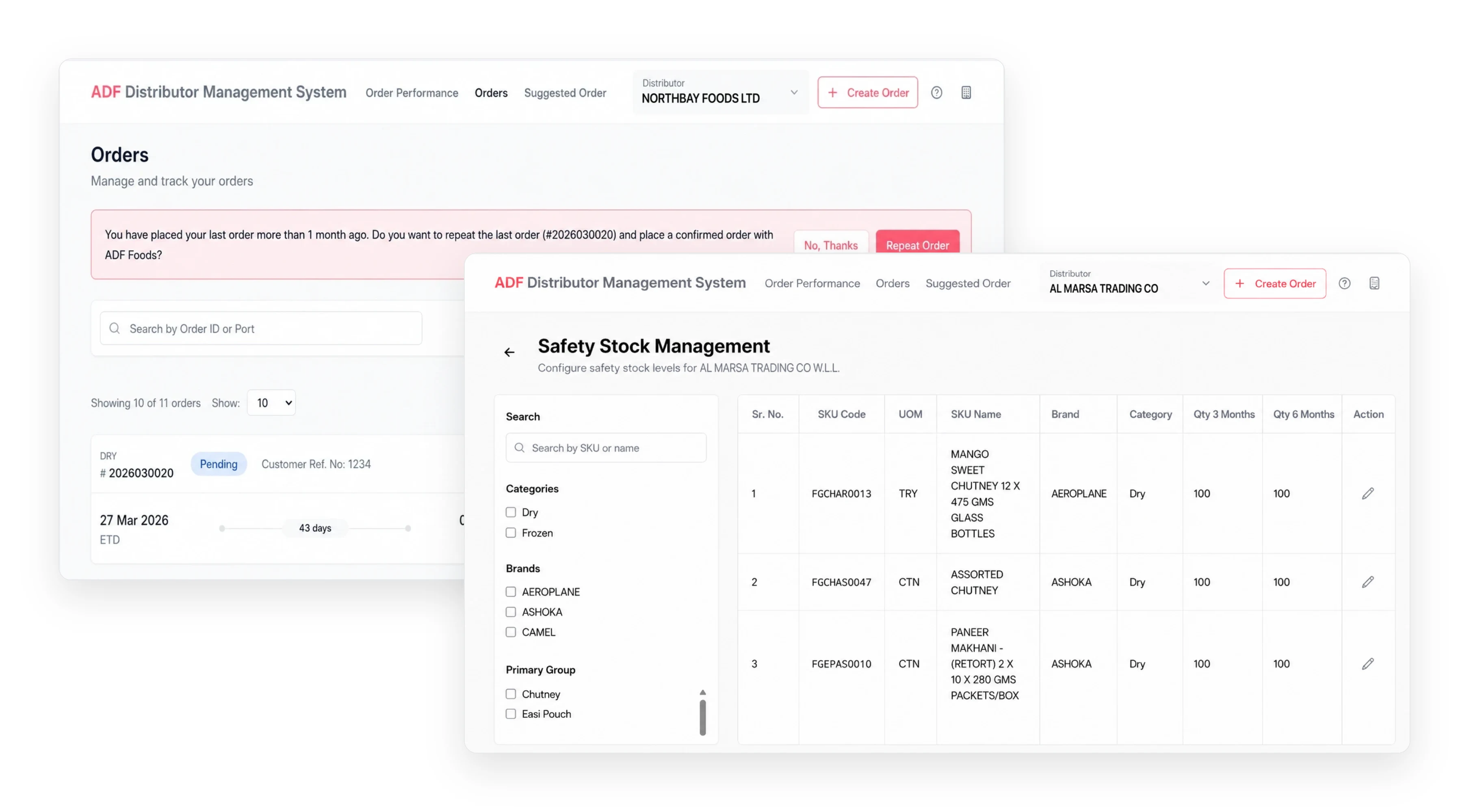 The orders list with a repeat-order prompt above one order showing its departure date, the lead time in days and its status, beside the safety stock table listing product codes, units of measure, brand, category and three and six month quantities