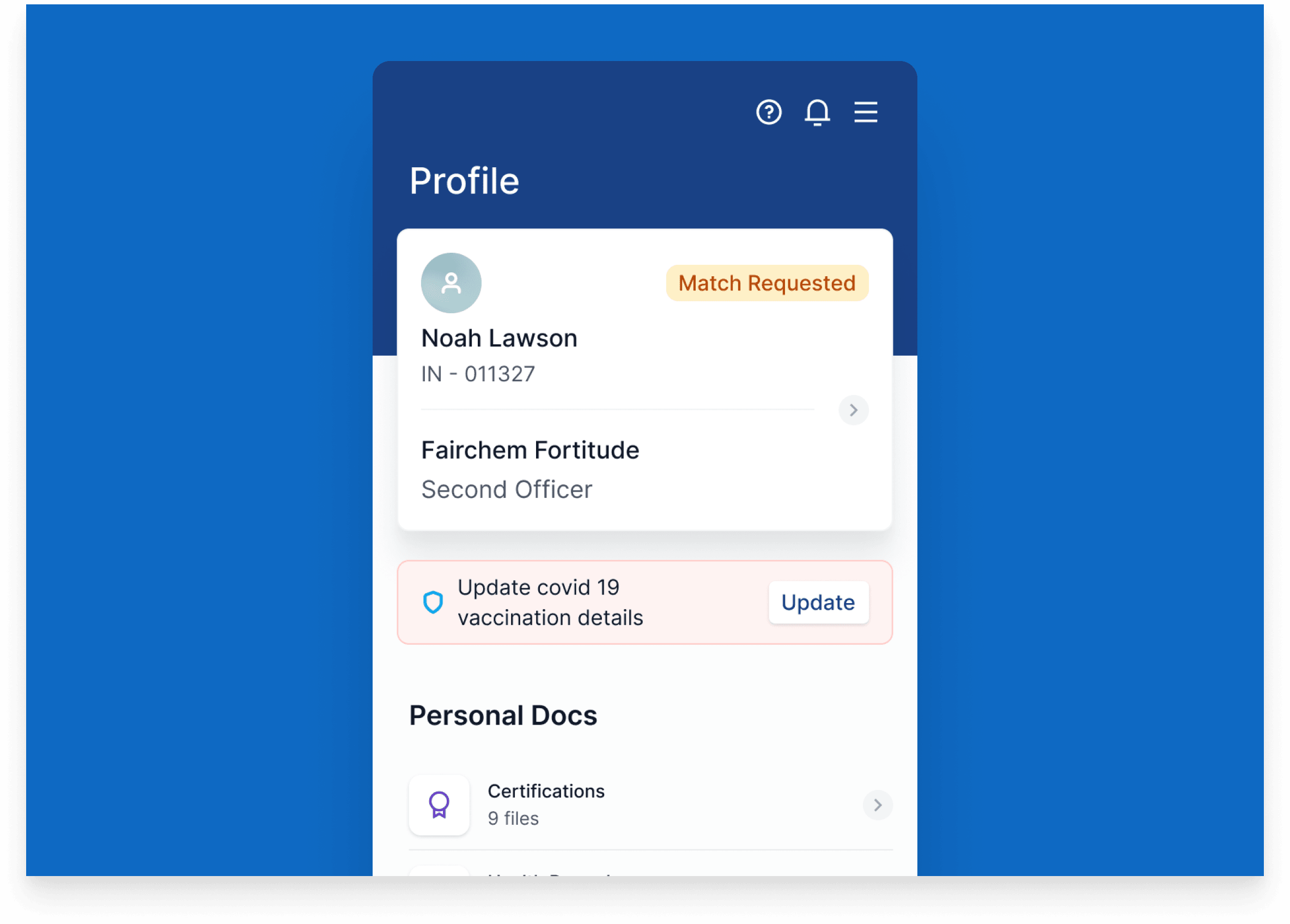 Ahoy app profile screen: a profile card with crew code, vessel and rank beside a match-status chip, a vaccination-record update prompt, and a personal documents list with a certifications folder and its file count
