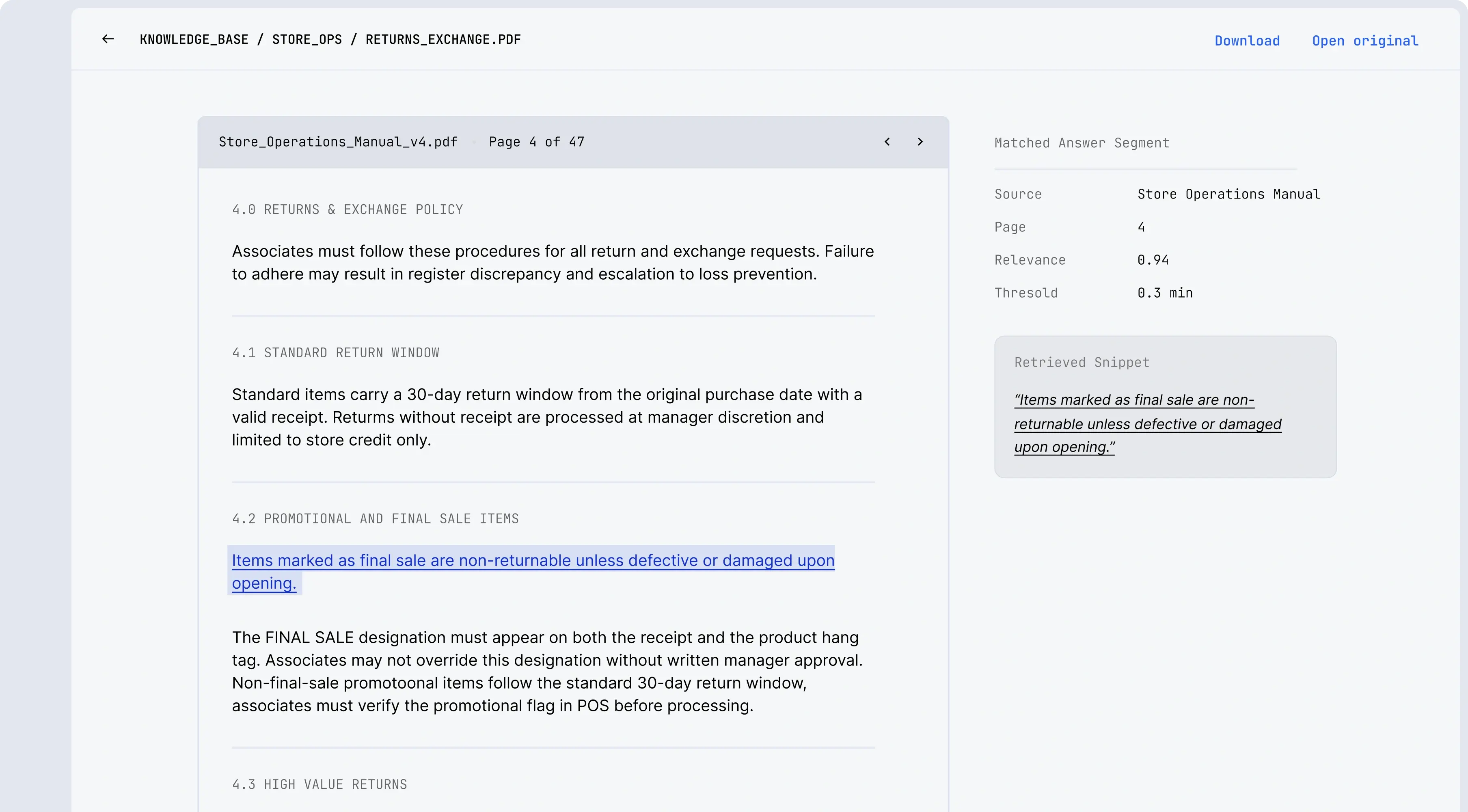 Citation view of the enterprise knowledge chat, with a retrieved answer beside the source file, page number, and a signed link to the original document
