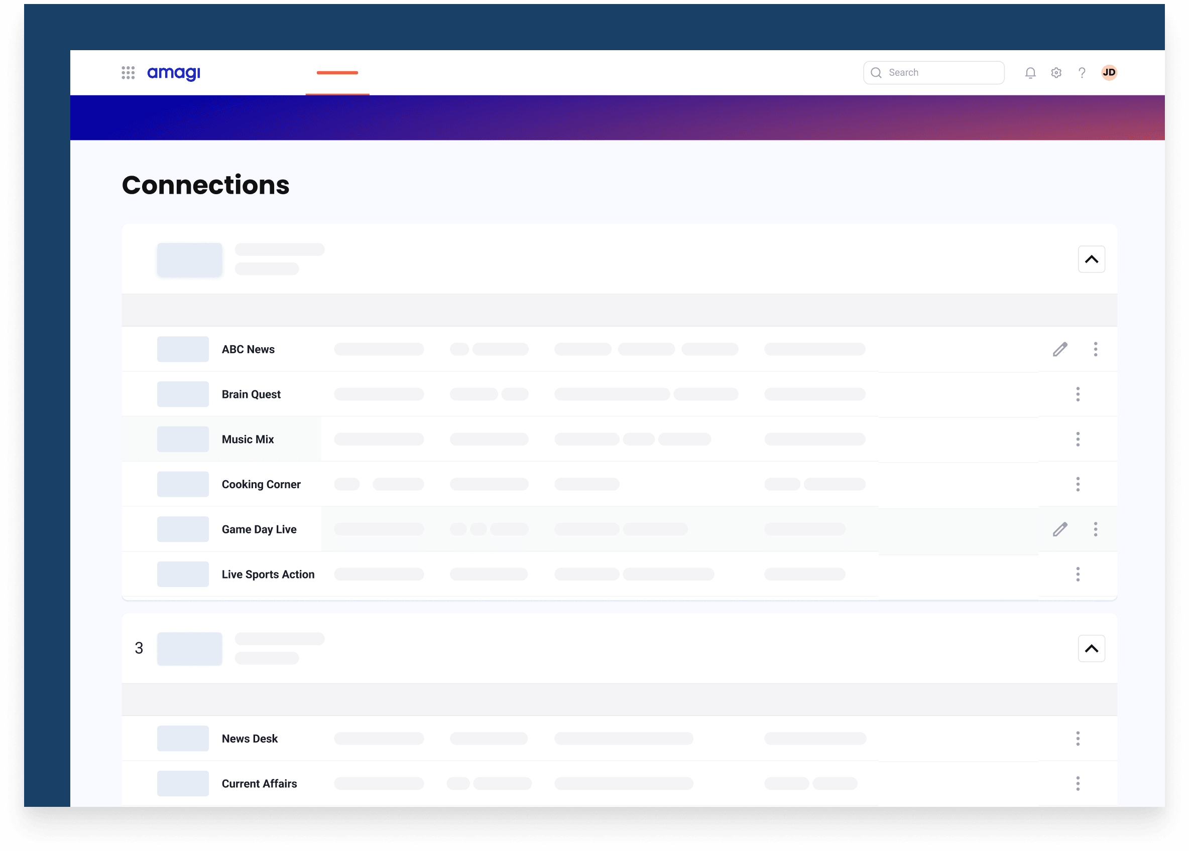 Amagi CONNECT connections screen: collapsible partner groups, each expanding into a table of channel rows carrying per-row metadata columns and edit and overflow controls