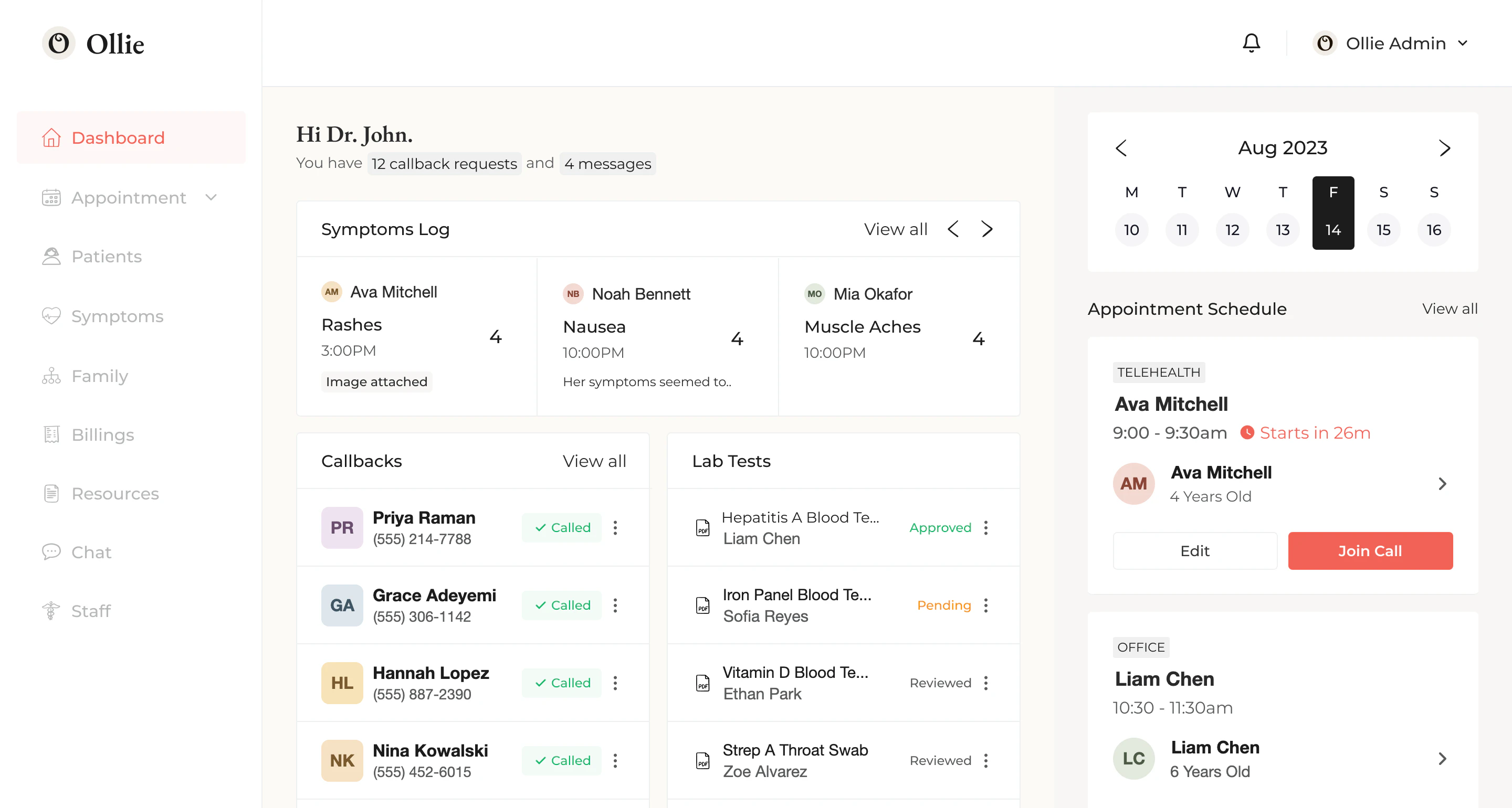 Practice portal dashboard: a left navigation rail of nine sections, a callback and message counter, a symptoms log strip, side-by-side callbacks and lab-test panels, and a week picker beside the day's appointment schedule showing a telehealth card and an office card
