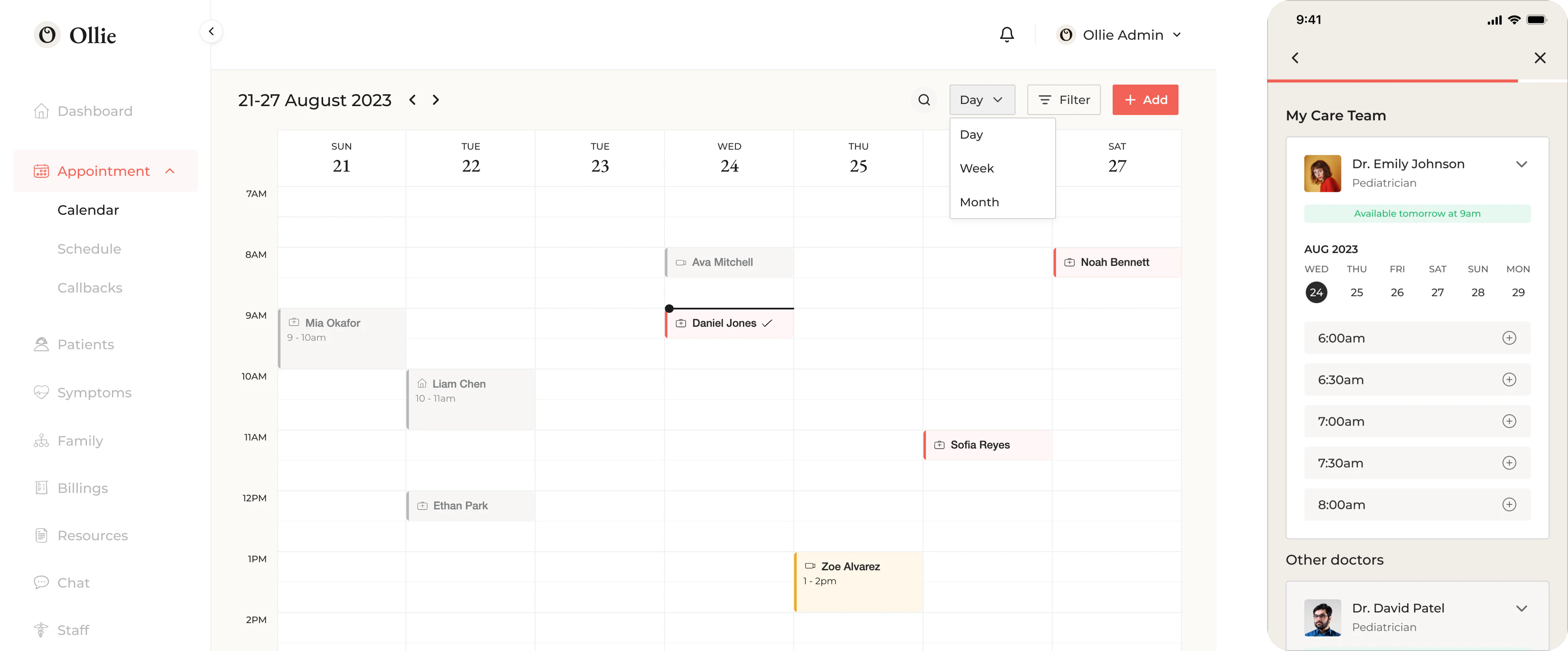 Practice calendar on desktop showing a week of appointments across visit types, beside a phone with the care-team slot picker listing open morning times for a selected day