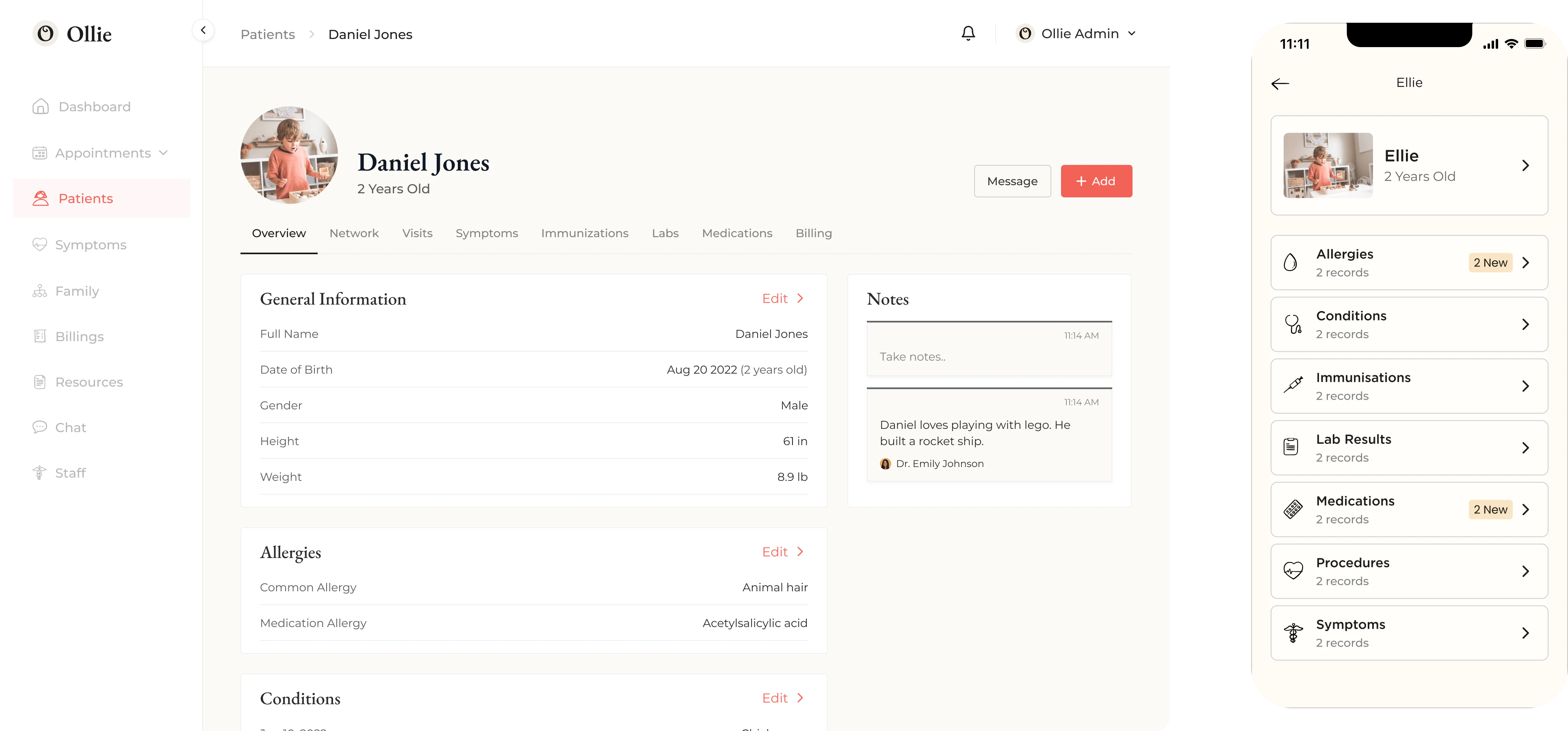 Health record view: a profile header with general information, an allergies list, a vitals block and a clinician notes card, with the same record repeated on a phone screen alongside