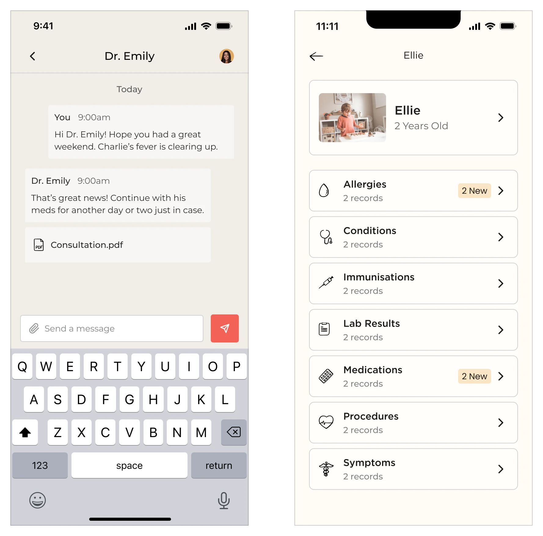 Secure messaging view: a care-team message thread, a document attachment card, and record summary cards for allergies and medications, shown beside the same thread on a phone screen