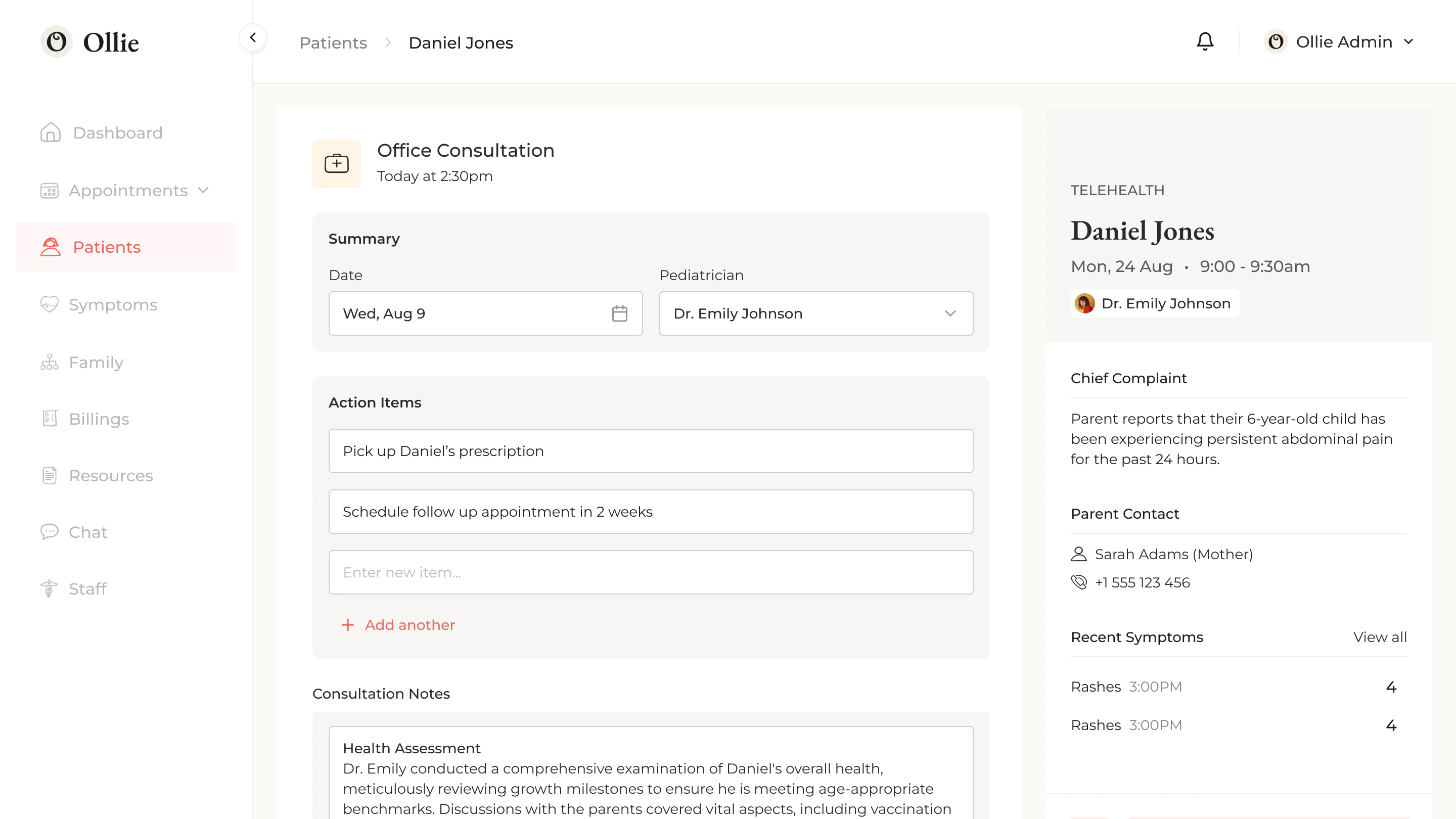 Consultation notes composer: a visit header, a chief-complaint field, a multi-paragraph health assessment draft in an editable text area, and a linked task list alongside