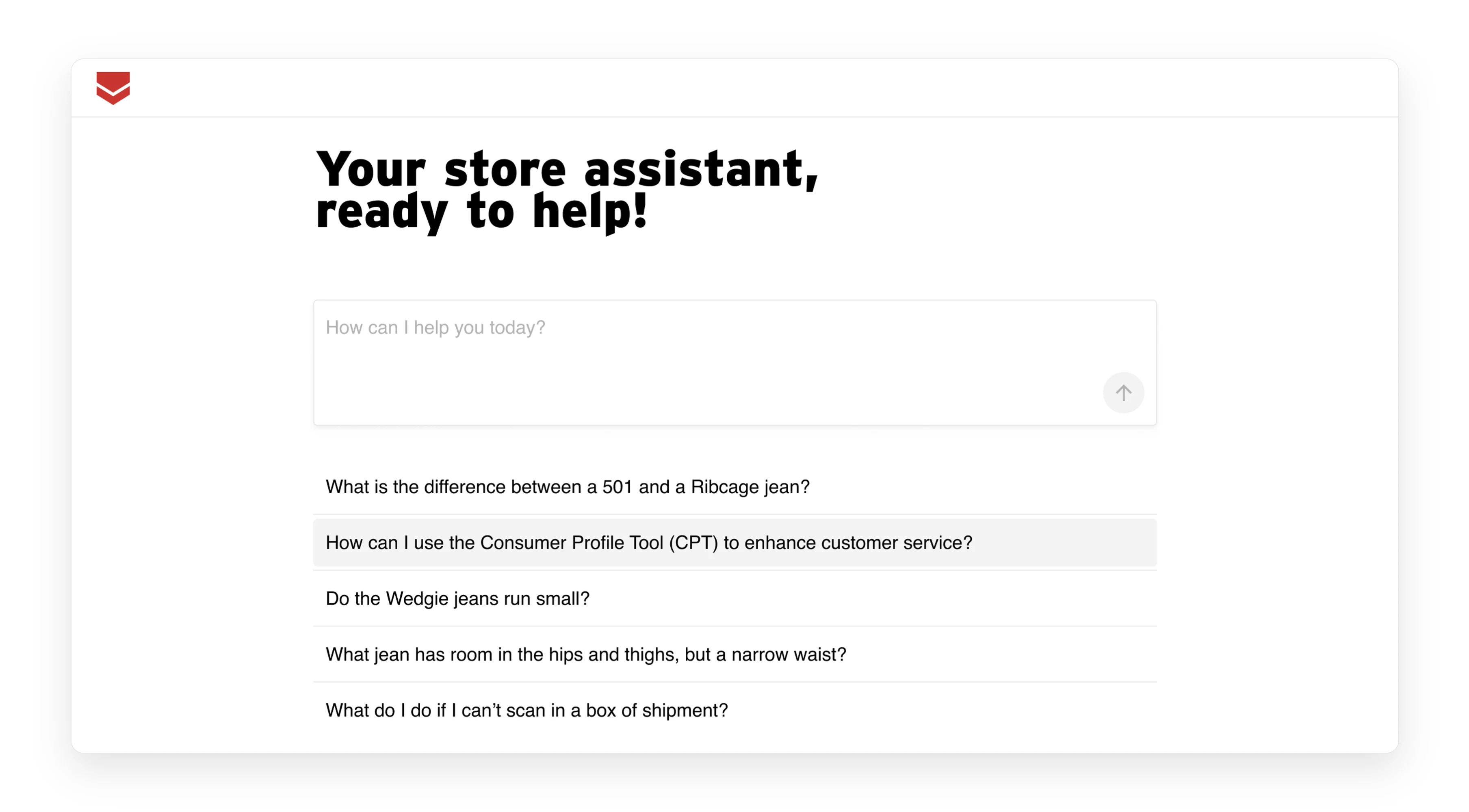 The assistant as a stylist first meets it: one question box and the store's own suggested questions.