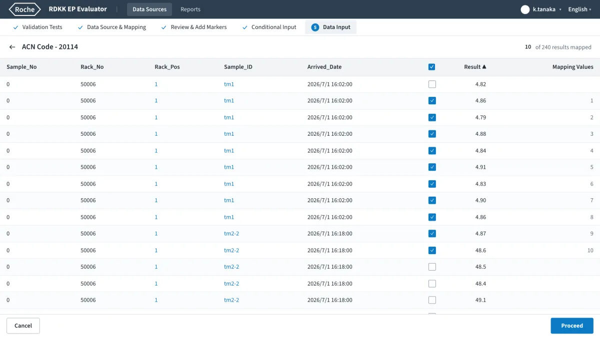The instrument result mapping screen, pairing sample identifiers and rack numbers with analyzer output columns