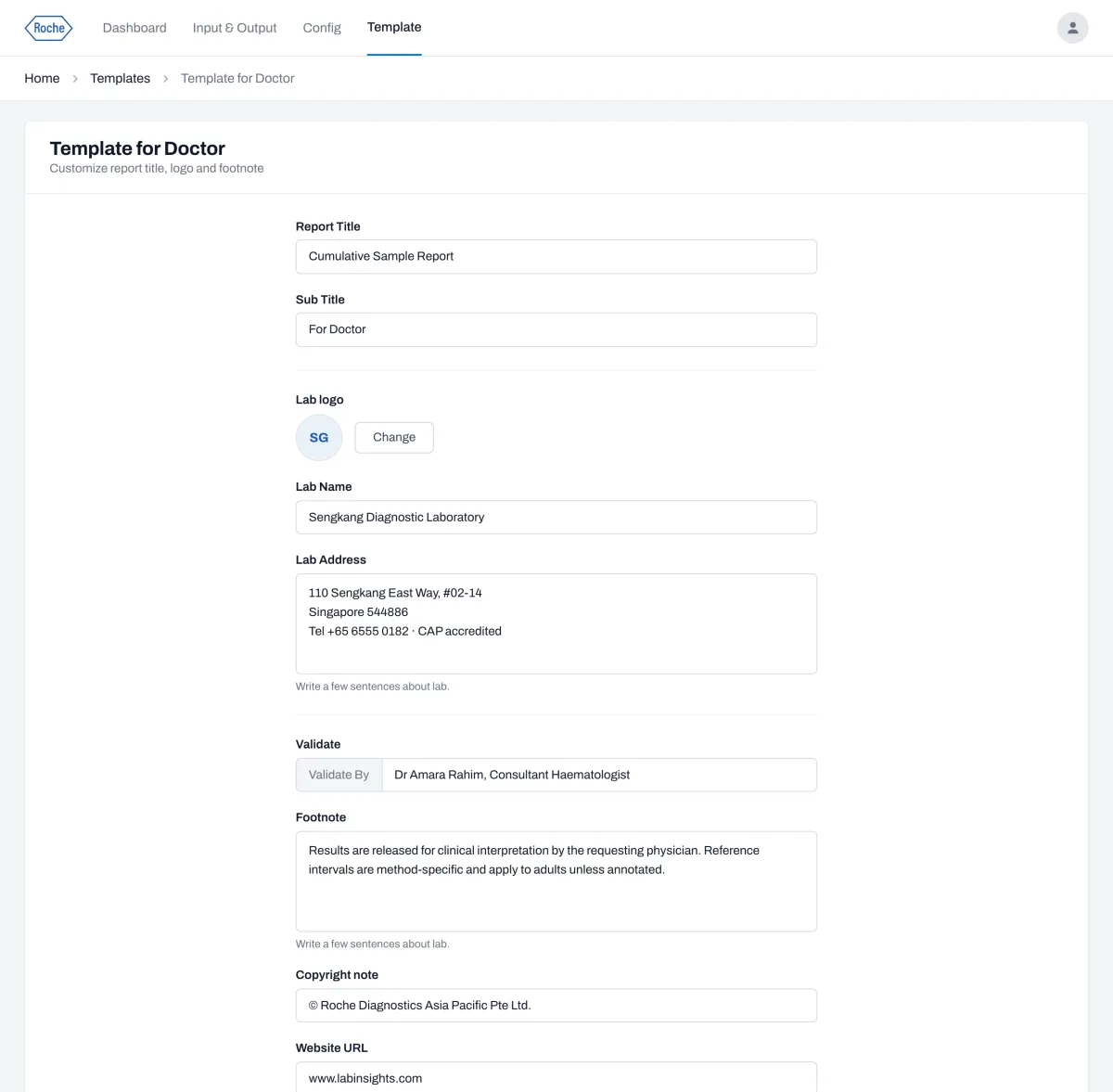 The report template screen, with the title, laboratory logo, address, footnote and copyright fields a laboratory could set