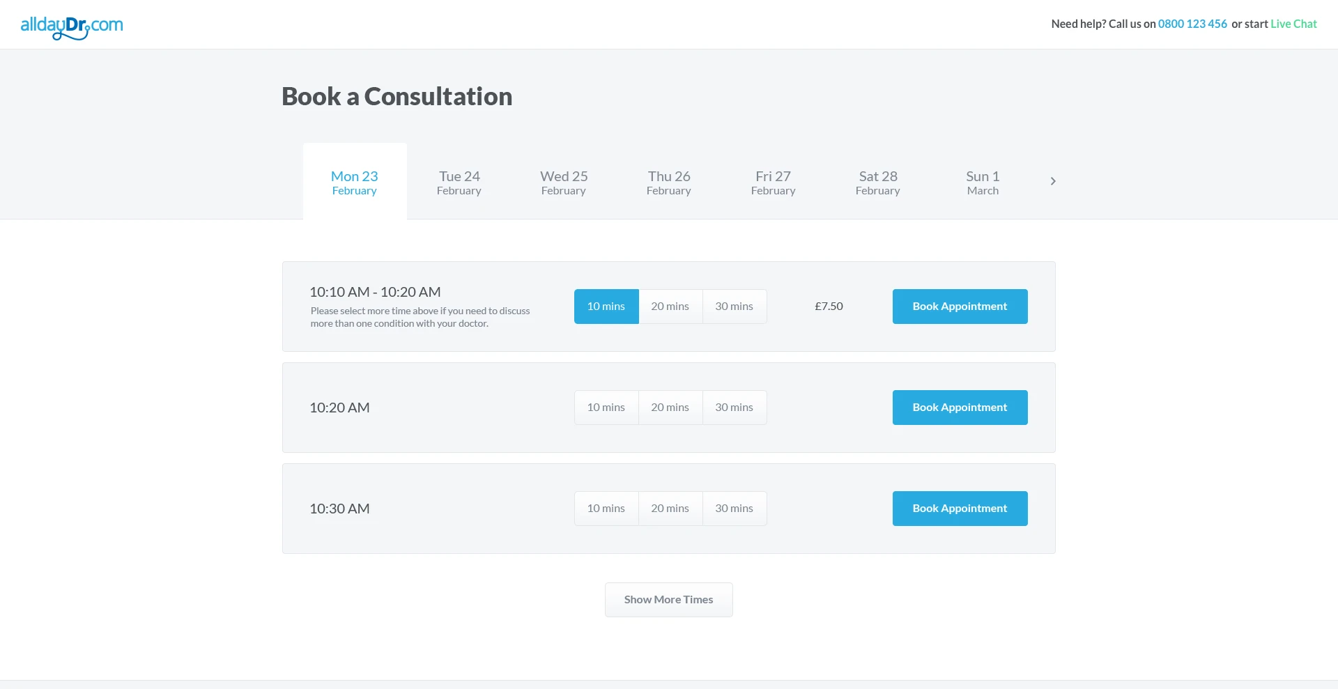The AllDayDr patient booking screen as designed: a week of selectable days above a list of appointment slots, each offering ten, twenty or thirty minutes with its fee and a book-appointment control.