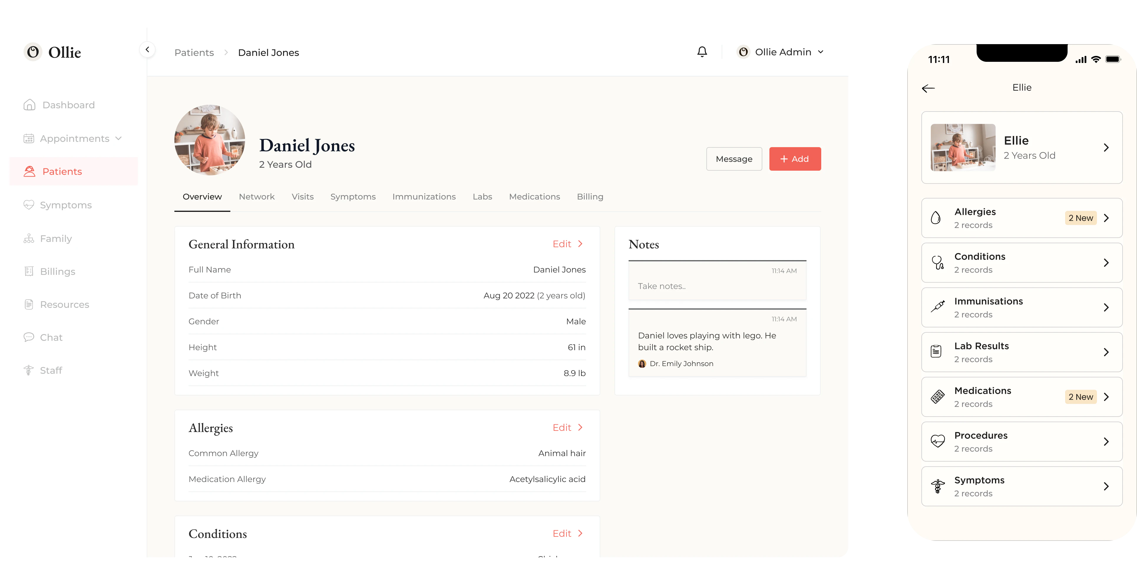 The Ollie patient record on two surfaces: a desktop portal page showing a child's general information, allergies and clinician notes, beside a phone showing the same record's categories with allergies, conditions, immunisations, lab results, medications, procedures and symptoms