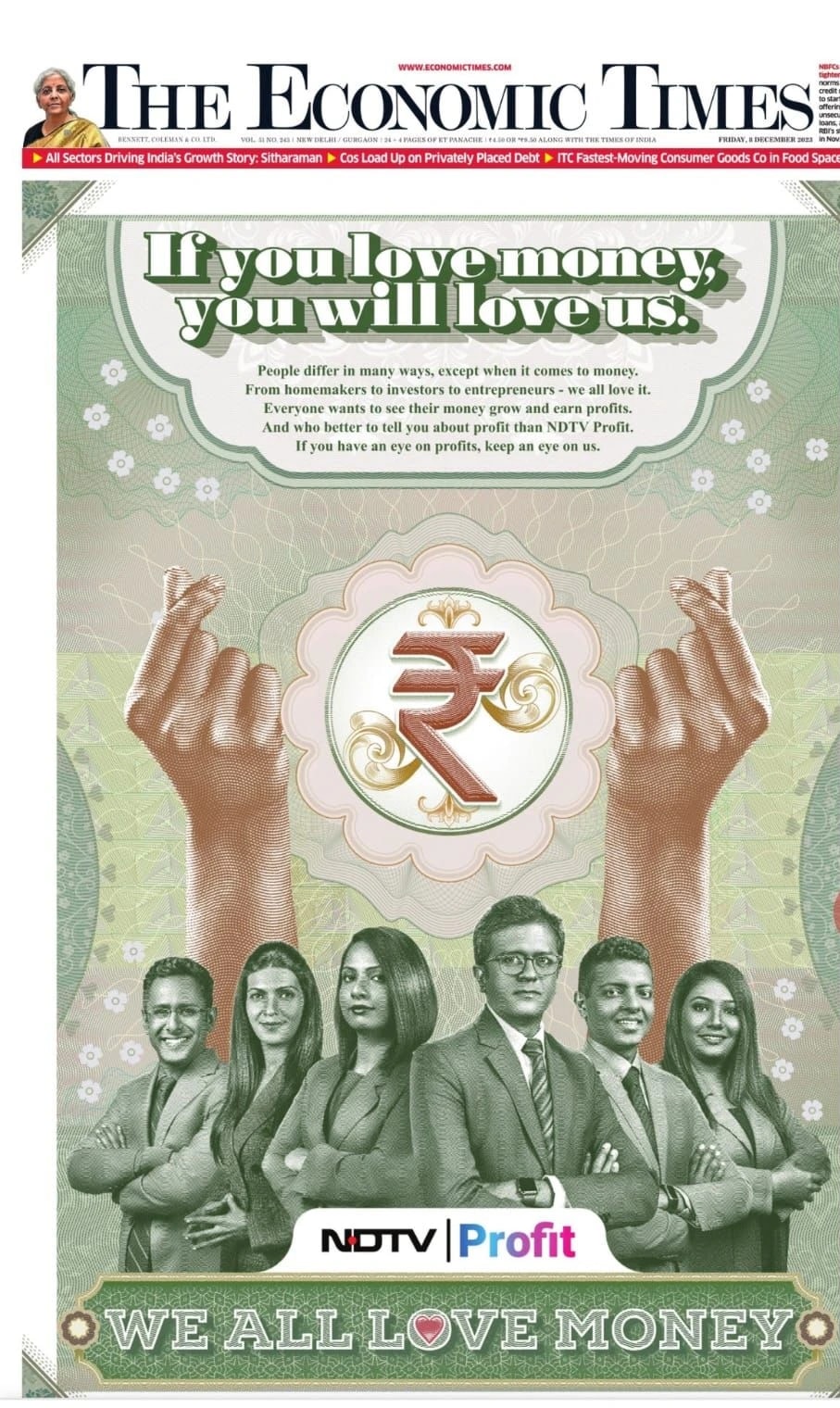 The front page of The Economic Times dated Friday 8 December 2023, carrying a full-page NDTV Profit launch advertisement under the masthead