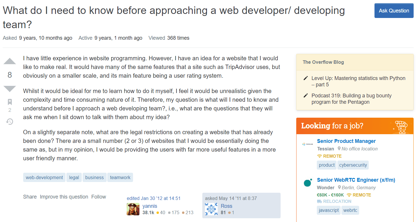 What do I need to know before approaching a web developer/ developing team?