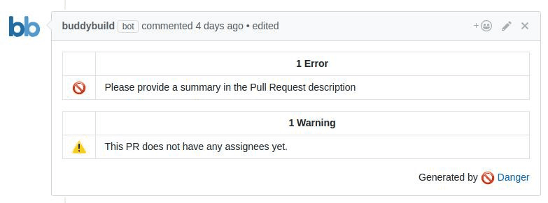 Danger comments on Github PR discussion.